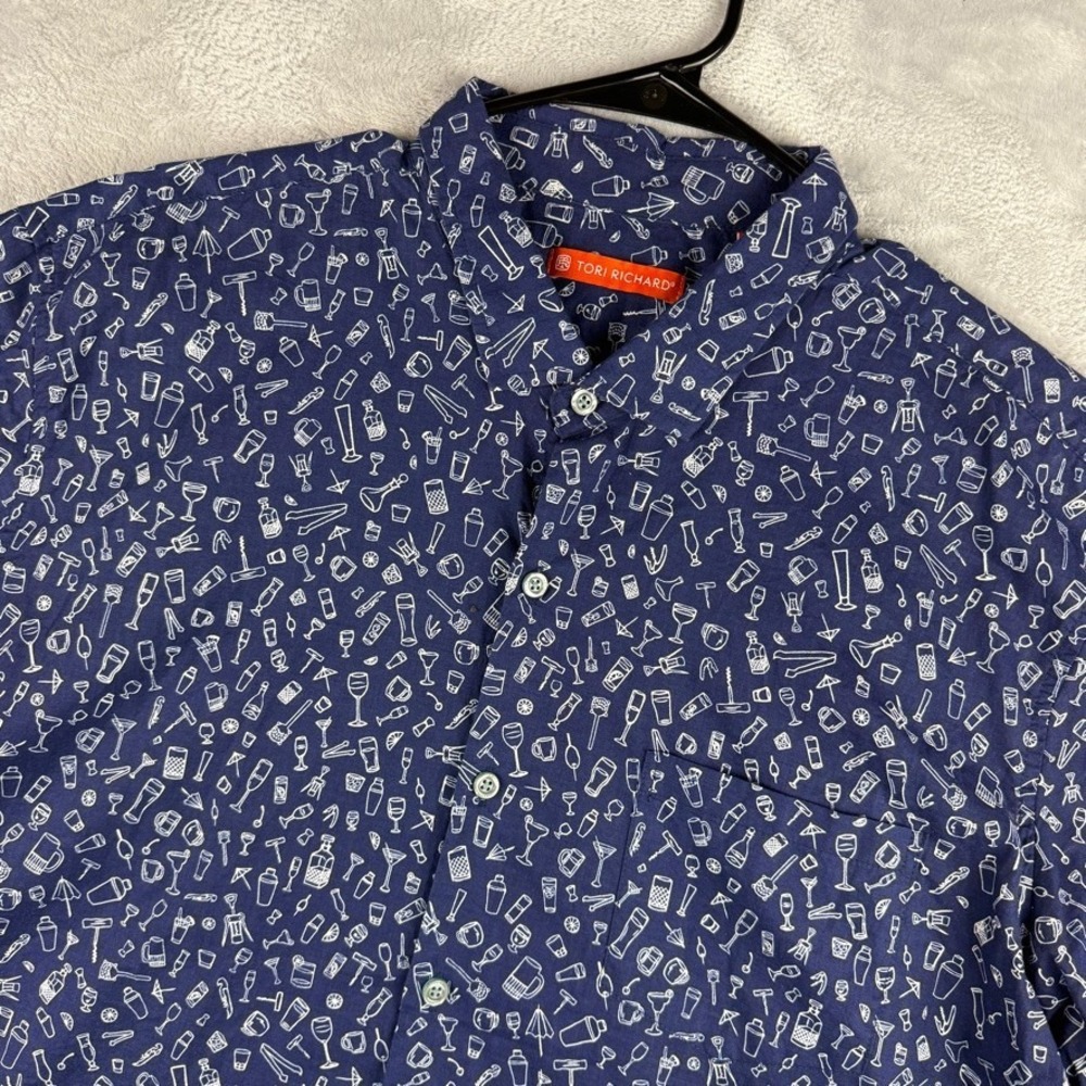 Tori Richard Shirt Mens XL Blue Cocktails Geometric Drinks Hawaiian Navy Blue